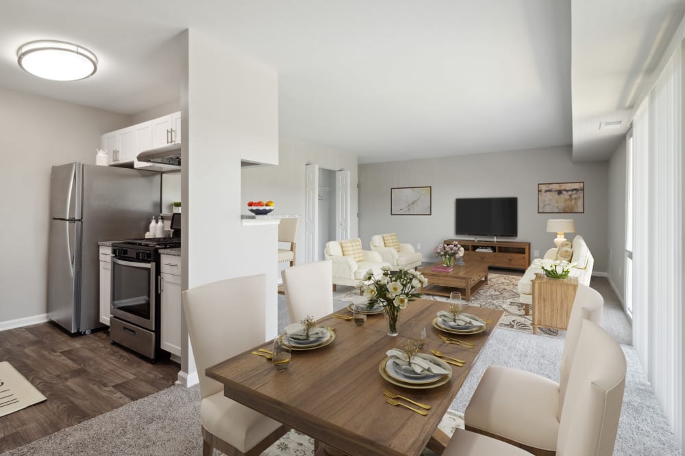 Modern living and dining room at Parke Laurel Apartment Homes in Laurel, Maryland