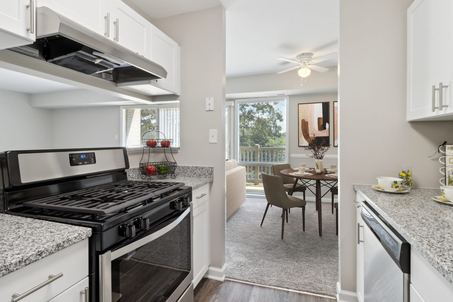 Updated kitchen and dining room at Parke Laurel Apartment Homes in Laurel, Maryland