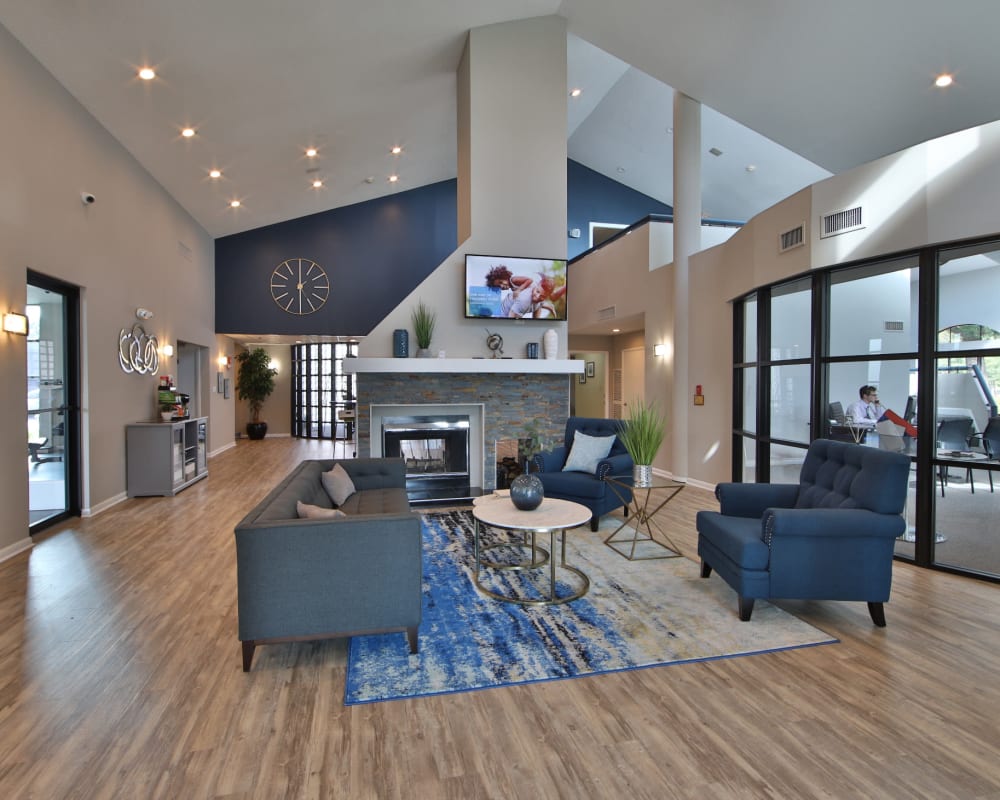 Beautiful resident clubhouse with a fireplace at Northampton Apartment Homes in Largo, Maryland