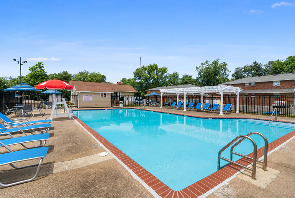 Exterior pool and patio view at Burnt Mill Apartment Homes in Voorhees, New Jersey