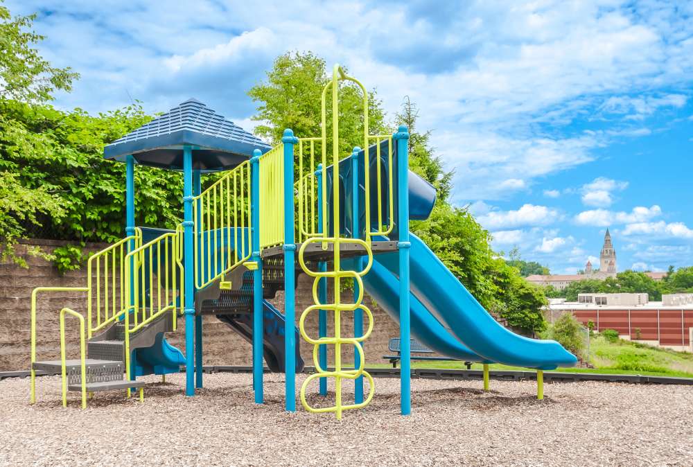 Blue playscape with slides at Club at North Hills in Pittsburgh, Pennsylvania