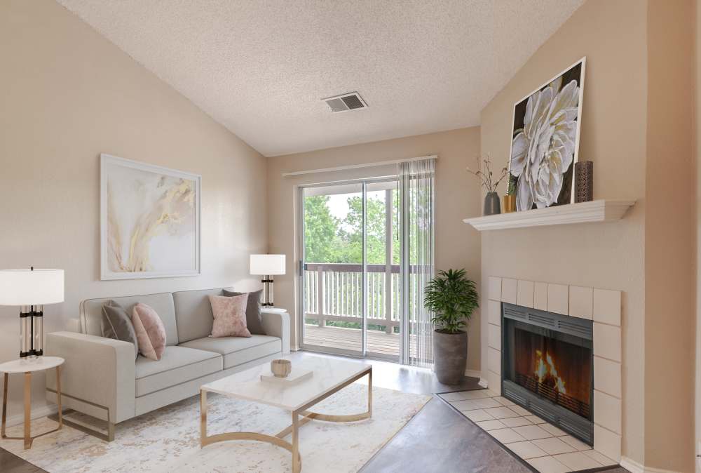 Living room with fireplace at Club at North Hills in Pittsburgh, Pennsylvania