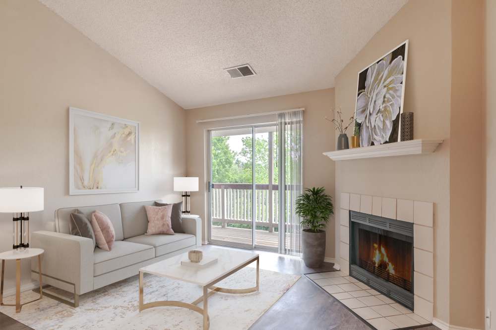 Living room with fireplace at Club at North Hills in Pittsburgh, Pennsylvania