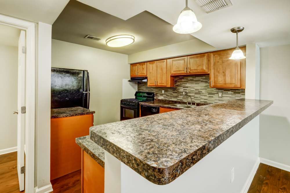 Kitchen with maple cabinets and black appliances at Nineteen North Apartments in Pittsburgh, Pennsylvania