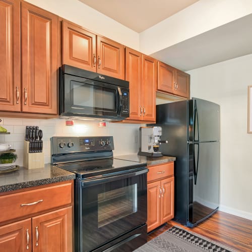 Modern kitchen with appliances and at The Village of Laurel Ridge & The Encore Apartments & Townhomes in Harrisburg, Pennsylvania