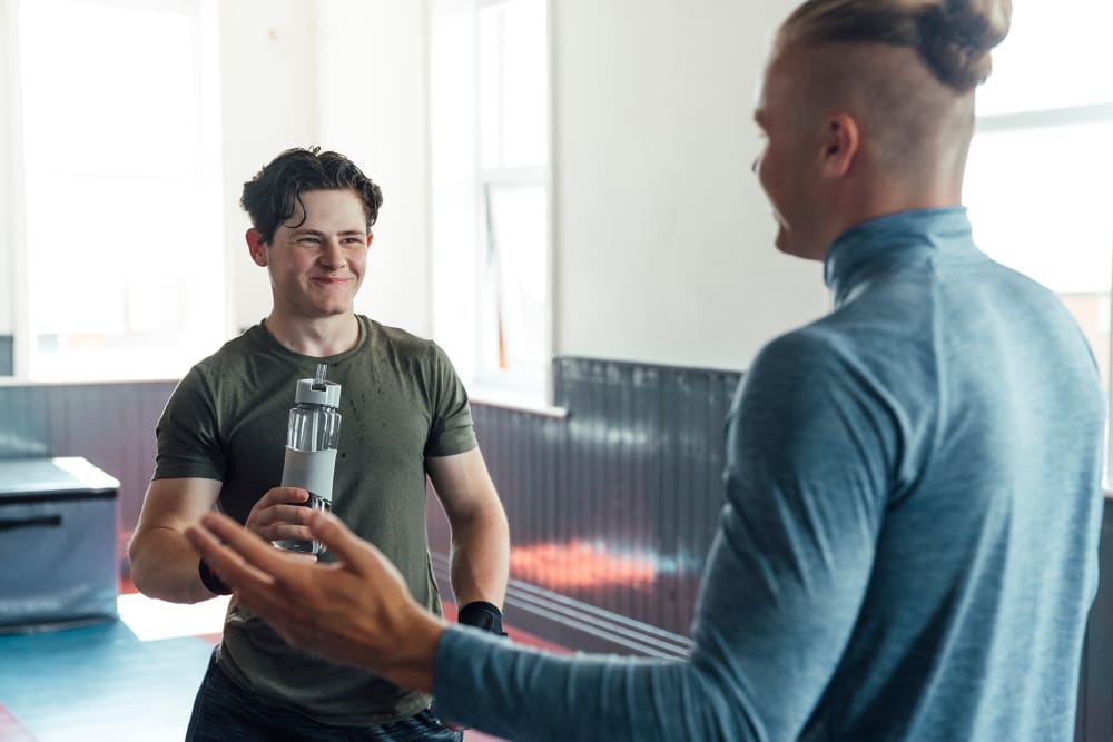 Residents catching up after a workout in the fitness center at Stonegate at Devon Apartments in Devon, Pennsylvania