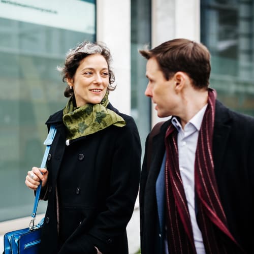 Emerald Pointe Townhomes residents chatting on their walk to work in downtown Harrisburg, Pennsylvania