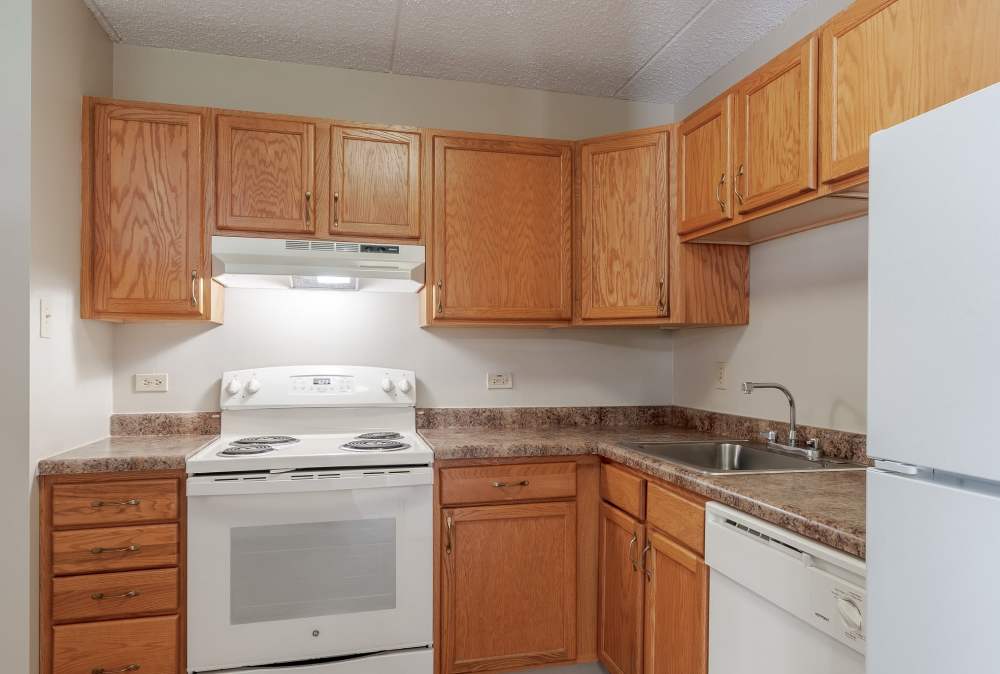 Kitchen with cabinets at Maiden Bridge & Canongate Apartments in Pittsburgh, Pennsylvania