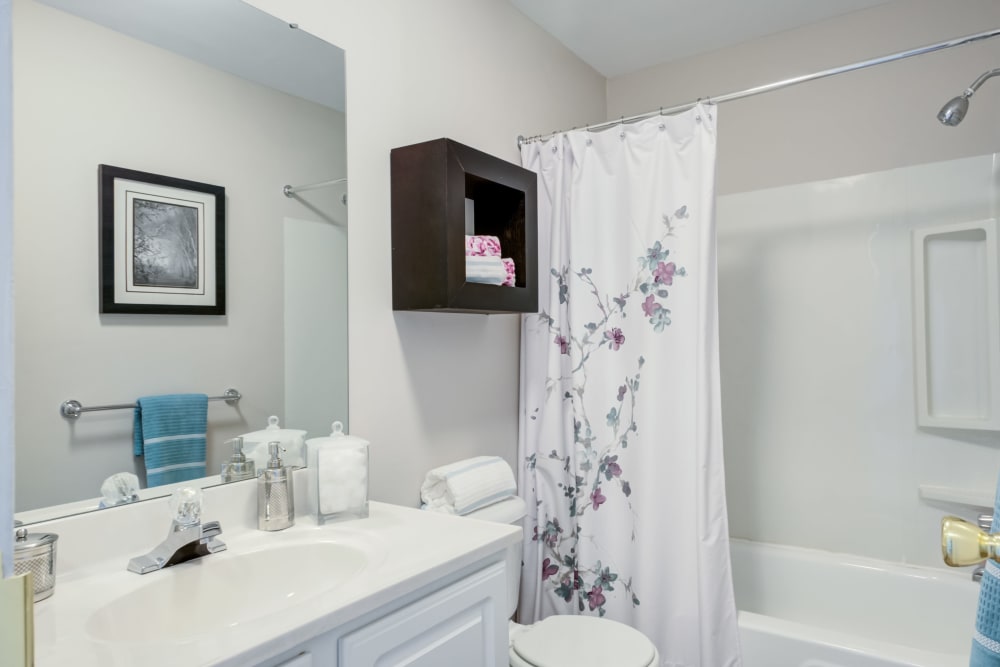 Modern bathroom with vanity area and soaking tub at Montgomery Woods Townhomes in Harleysville, Pennsylvania