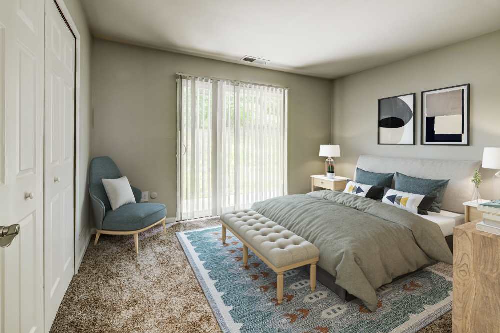 Bedroom with wall to wall carpeting at Nineteen North Apartments in Pittsburgh, Pennsylvania