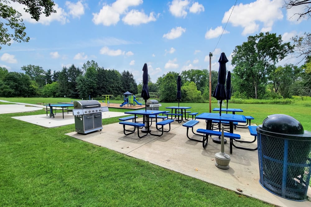 Outdoor grilling stations with picnic table and chairs at Solon Club Apartments in Oakwood Village, Ohio