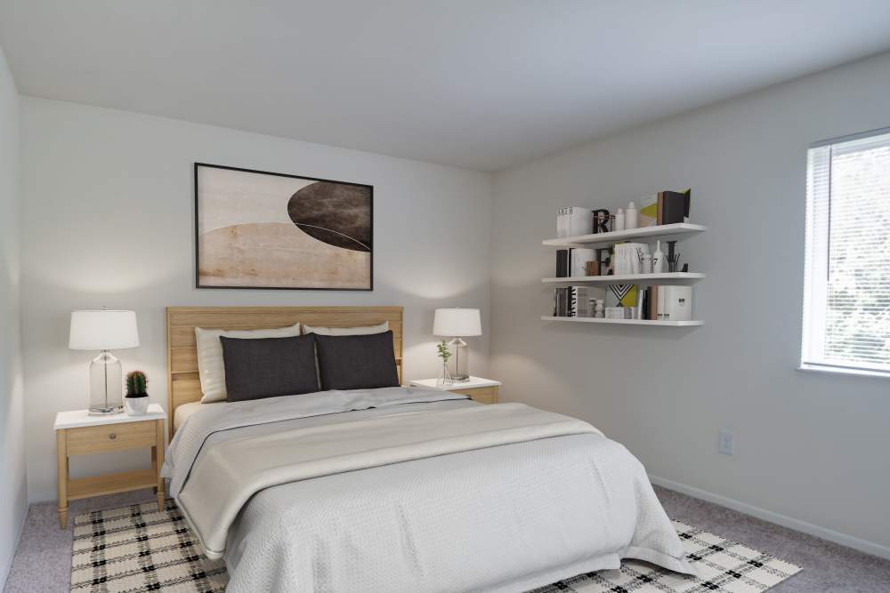 Spacious Bedroom with Wooden Bedside Table at Squires Manor Apartment Homes in South Park, Pennsylvania