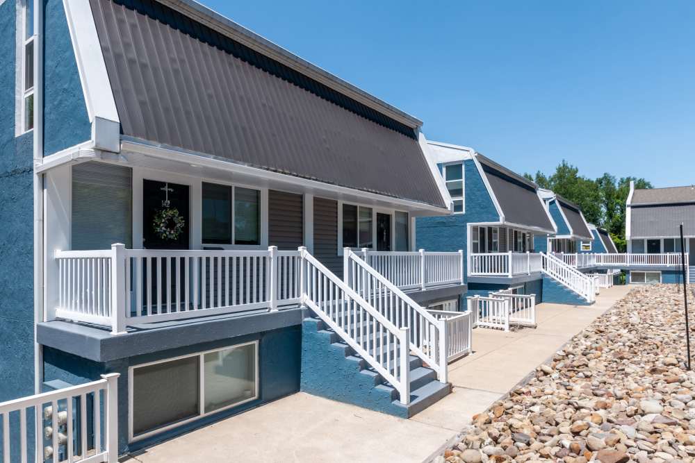 Exterior of apartment buildings at The Cascades Townhomes and Apartments in Pittsburgh, Pennsylvania