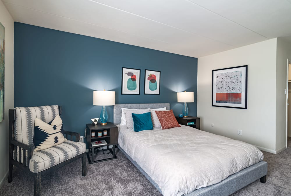 Beautifully decorated bedroom at William Penn Village Apartment Homes in New Castle, Delaware